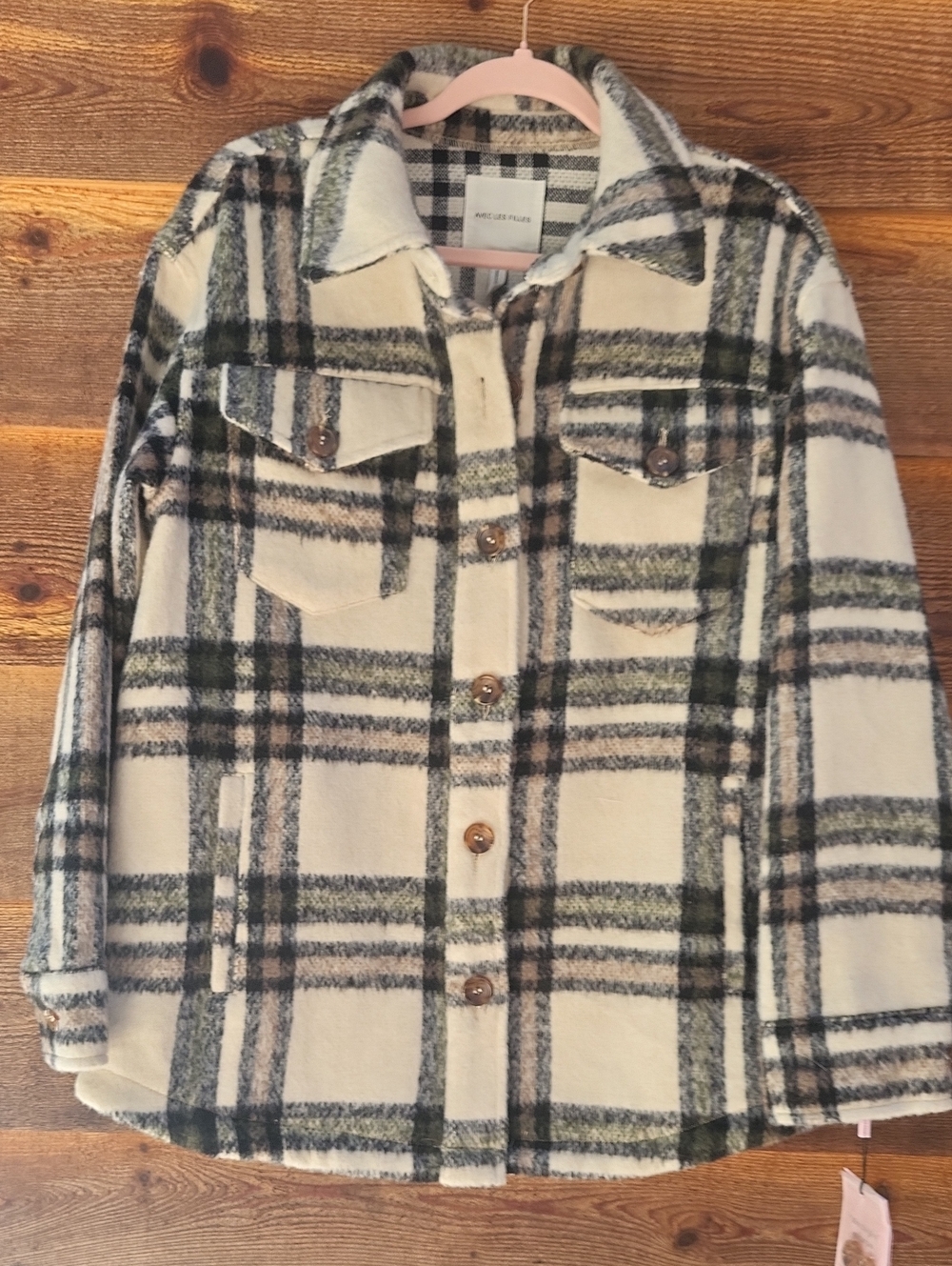 Avec Les Filles Cream Plaid Shacket with Green & Black Stripes Medium